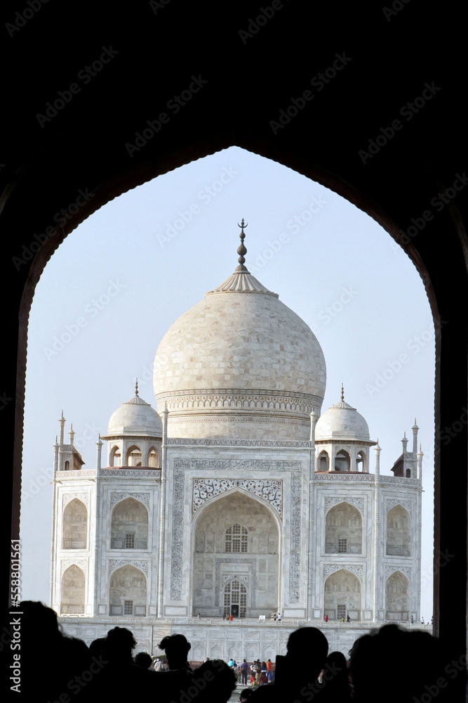 Silhouette of People at Taj Mahal, India. Visitors all over the world visiting the beautiful Taj Mahal in Uttar Pradesh, India. Wonders of the world. 