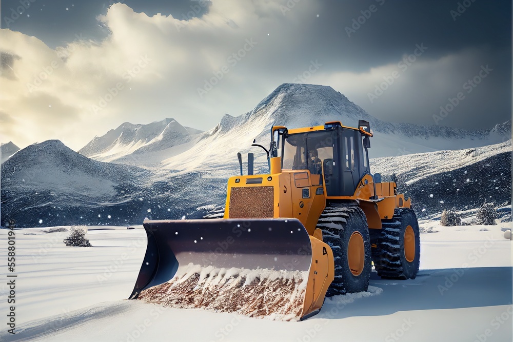 Bulldozer clearing snow during storm. Generative AI