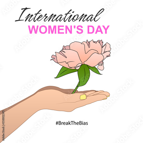 Text International Women's Day, hashtag BreakTheBias and closeup view of woman holding flower on white background. Vector illustration
