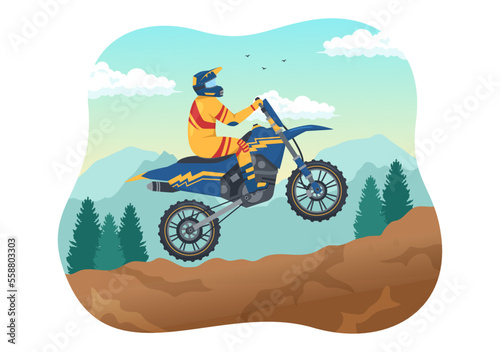 Motocross Illustration with a Rider Riding a Bike Through Mud, Rocky Roads and Adventure in Extreme Sport Flat Cartoon Hand Drawn Template