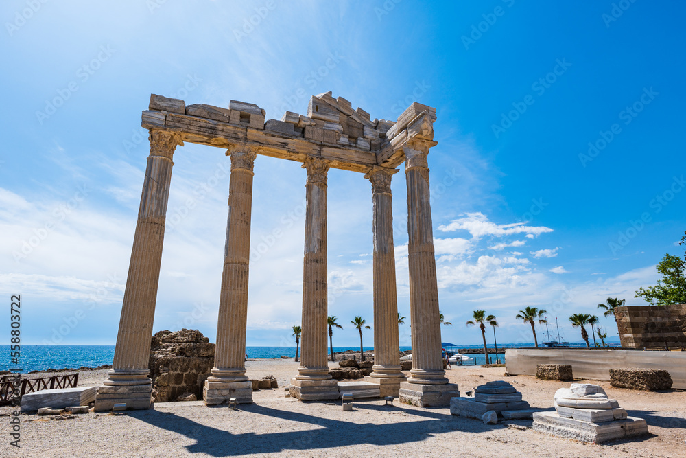 Apollo temple ruins in Side near Antalya, Turkey. Side is a popular tourist resort and the Apollo temple is a landmark by the sea	