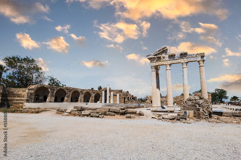 Apollo temple ruins in Side near Antalya, Turkey. Side is a popular tourist resort and the Apollo temple is a landmark by the sea	