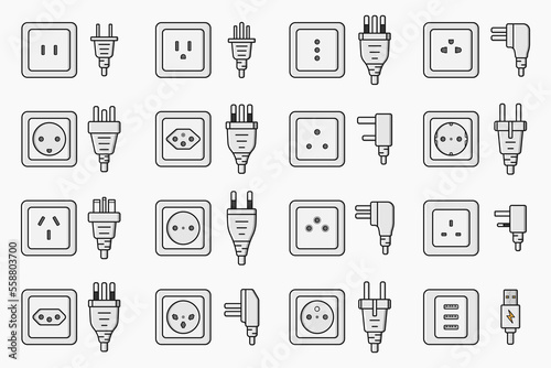 power outlet plug world standards icons set vector flat illustration