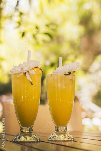 2 glasses of natural pineapple juice with decorations in a natural landscape