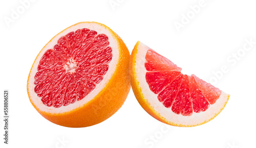 Ripe half of pink grapefruit citrus fruit on transparent png