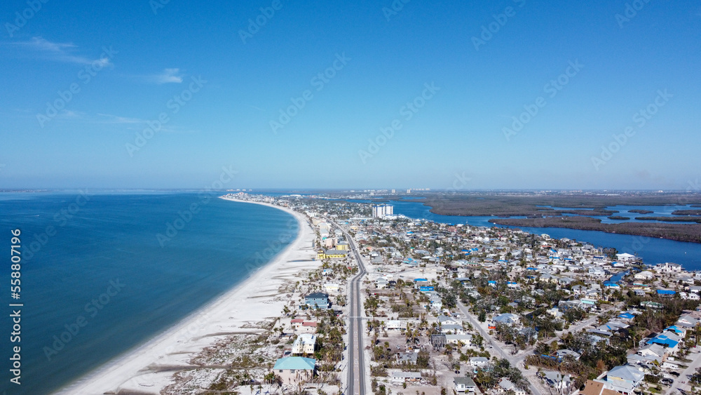 FORT MYERS BEACH, Fl. - January 2, 2023: Aerial view of Fort Myers Beach, FL as the island community nears 100 days since Hurricane Ian devastated Southwest Florida.