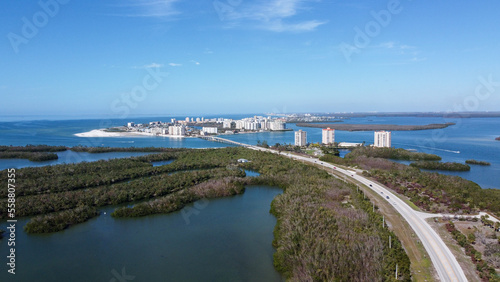 FORT MYERS BEACH, Fl. - January 2, 2023: Aerial view of Fort Myers Beach, FL as the island community nears 100 days since Hurricane Ian devastated Southwest Florida.