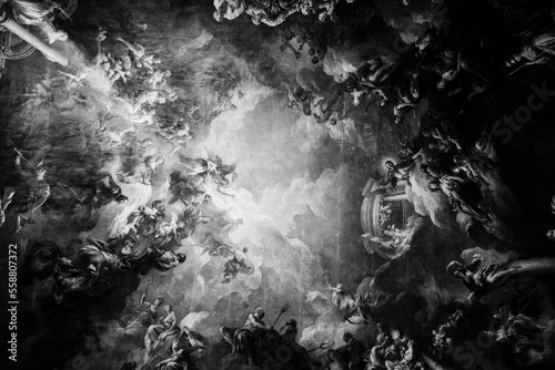 Ceiling painting in Hercules room of the Chateau de Versailles in black and white