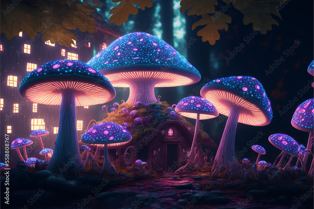 Adorable Glowing Mushroom Home - Generative AI