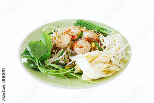 Pad Thai or Thai stir-fried noodles with prawns and vegetables, isolated 