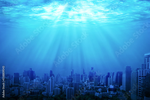 City underwater, global warming effect. mixed media