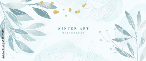 Winter botanical watercolor leaf branches background vector illustration. Hand painted watercolor winter wild foliage and gold brush texture. Design for poster, wallpaper, banner, card, decoration.