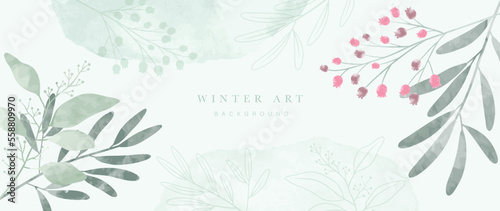 Winter botanical watercolor leaf branches background vector illustration. Hand painted watercolor winter wild foliage and line art texture. Design for poster, wallpaper, banner, card, decoration.