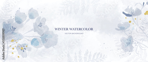 Winter botanical watercolor leaf branches background vector illustration. Hand painted winter wild flower, pine leaves and gold brush texture. Design for poster, wallpaper, banner, card, decoration.