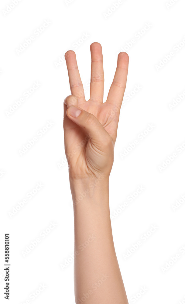 Woman showing three fingers on white background, closeup of hand Woman showing three fingers on white background, closeup of hand