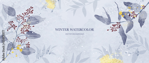 Winter botanical watercolor leaf branches background vector illustration. Hand painted watercolor winter wild foliage and gold brush texture. Design for poster, wallpaper, banner, card, decoration.