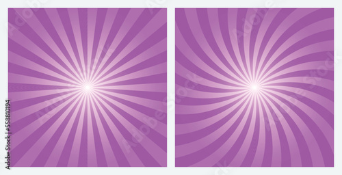 Violet Pink rays background. Light Yellow sunburst pattern background set. Radial and swirl retro style background  in pop art style. Vector Illustrations.