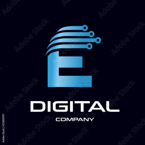 Letter E technology vector logo template. This design with dot symbol is suitable for industrial, automotive and energy, business.
