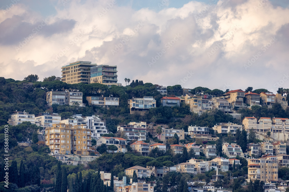 Homes and Buildings in a modern city, Haifa, Israel. Cityscape background.