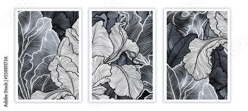 Wall art: ornamental iris flowers with veins and swirls. Triptych. Mixed media: watercolour and digital. 