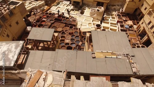 View from above a tanner in Fez city, Morocco.