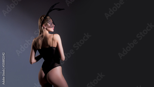 Naked bunny woman, fashion rabbit. Hot girl. Luxury ass. Stockings. Sexy game costume. Girl in sexy black lingerie and stockings. Wide photo banner for website header design.
