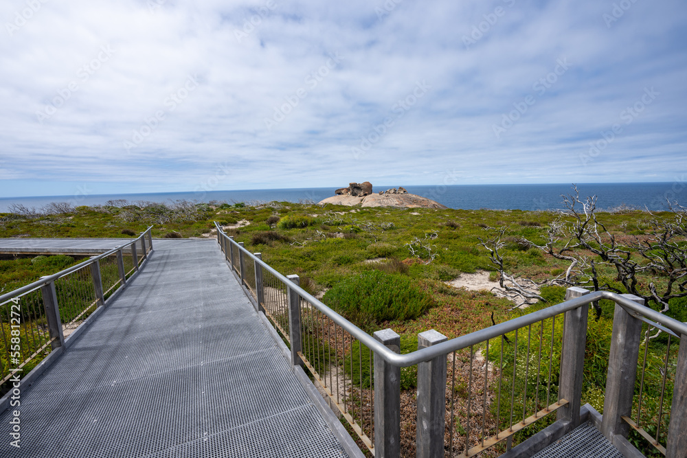 The tourist boardwalk leading up to the Remarkable Rocks in Flinders Chase National Park on Kangaroo Island in South Australia
