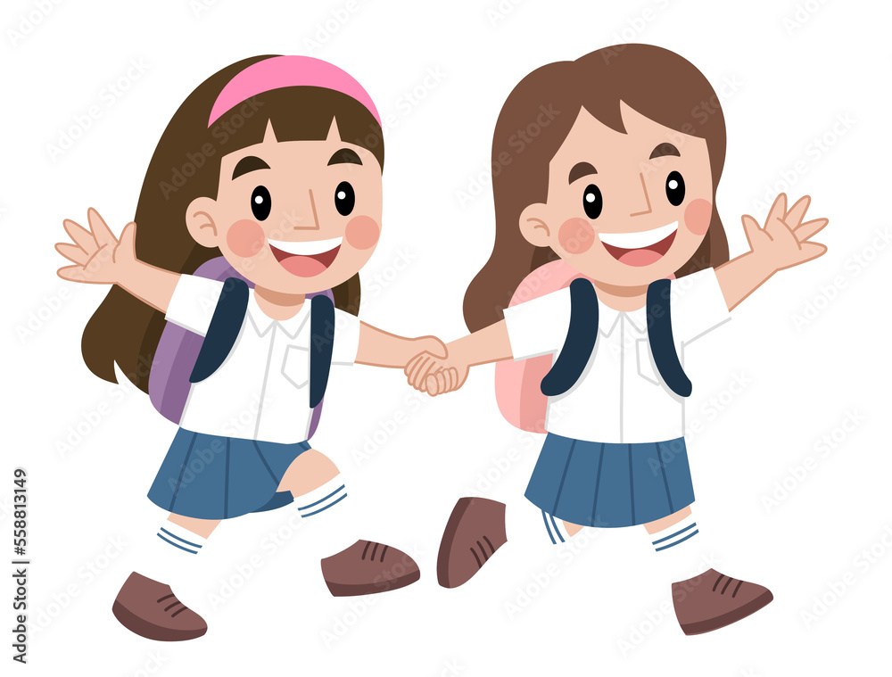 Illustration of two kids in school uniform holding hands and playing together Illustration of two kids in school uniform holding hands and playing together