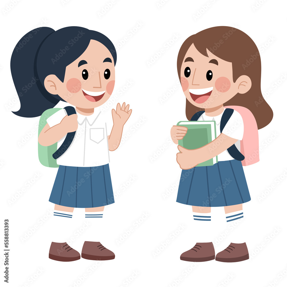 Illustration of two girls in school uniforms talking Illustration of two girls in school uniforms talking