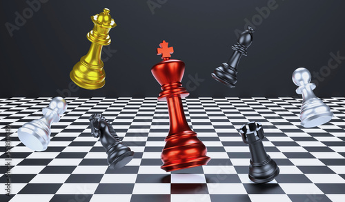 3D chess illustration king, queen bishop and pawn horse rook on black background , 3d rendering chess piece wallpaper background