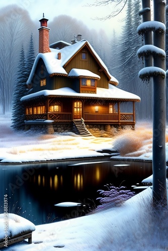 Realistic digital art painting of a traditional creekside farmhouse in snowy winter.