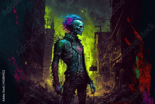 Toxic undead cyberpunk zombie tainted with radiation poisoning prowling around decaying city ruins - Generative AI illustration.