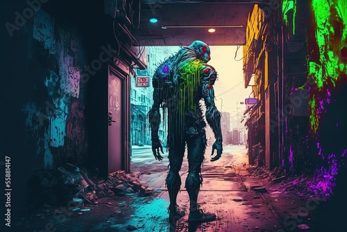 Toxic undead cyberpunk zombie tainted with radiation poisoning prowling around decaying city ruins - Generative AI illustration.