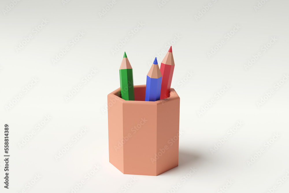 three pencil color in 3d rendering design. three pencil color in 3d rendering design.