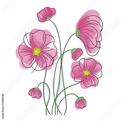 Hand painted abstract pink flower blooming isolated on white background. Floral watercolor illustration for design decoration element on greeting or wedding card.