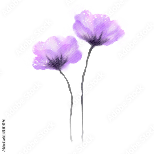 Hand painted purple flower blooming isolated on white background. Floral watercolor illustration for design decoration element on greeting or wedding card.