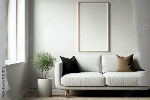 mock up poster frame with a Scandinavian styled living room background. Generative AI