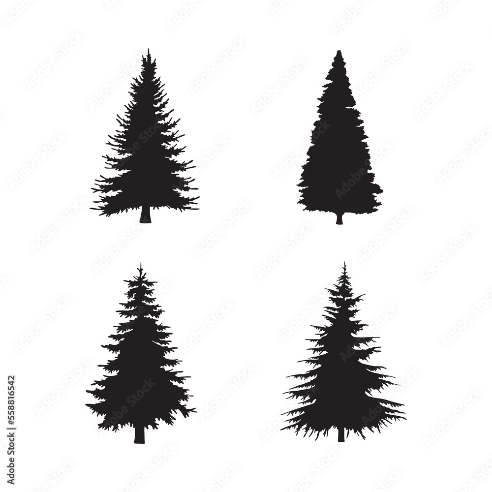 Obraz premium Isolated Pine on the white background. Pine silhouettes. Christmas elements. Vector illustration. Design, packaging, wallpaper.