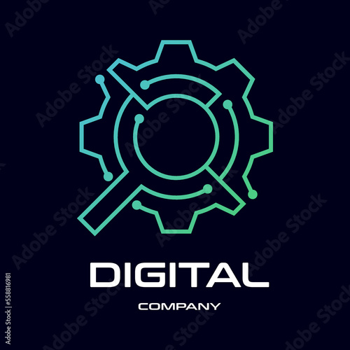 Gear Magnifying Glass Vector Logo Template. This design with technology and dot symbol.