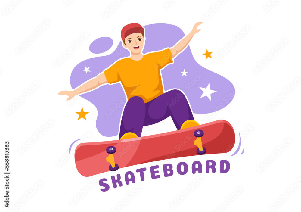 Skateboard Illustration with Skateboarders Jump using Board on Springboard in Skatepark in Extreme Sport Flat Style Cartoon Hand Drawn Templates