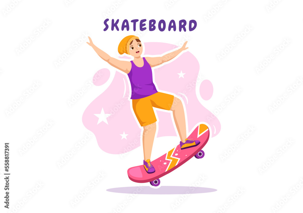 Skateboard Illustration with Skateboarders Jump using Board on Springboard in Skatepark in Extreme Sport Flat Style Cartoon Hand Drawn Templates