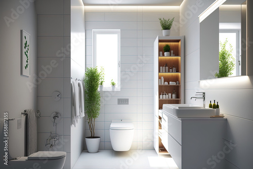 Modern bathroom interior with white toilet  sink  and bathtub  as well as minimalist shower and lighting. Generative AI