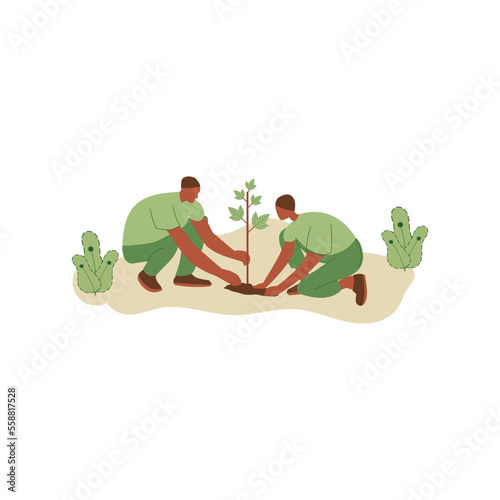 Vector illustration of people planting trees. concept of saving the earth. Ecology volunteering concept. Design for ecology activism