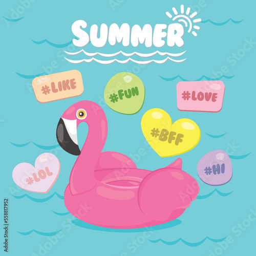 Pink Flamingo Pool Float with Pool Background in Summer and Social Media Hashtags