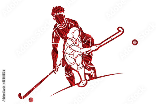 Group of Field Hockey Sport Male an Female Players Mix Action Cartoon Graphic Vector