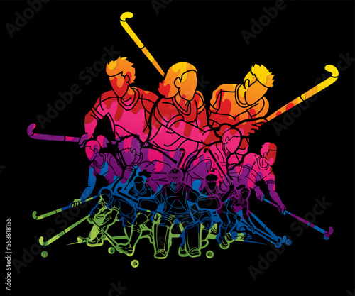 Group of Field Hockey Sport Male an Female Players Mix Action Cartoon Graphic Vector