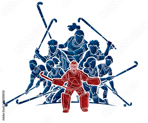 Group of Field Hockey Sport Male an Female Players Mix Action Cartoon Graphic Vector