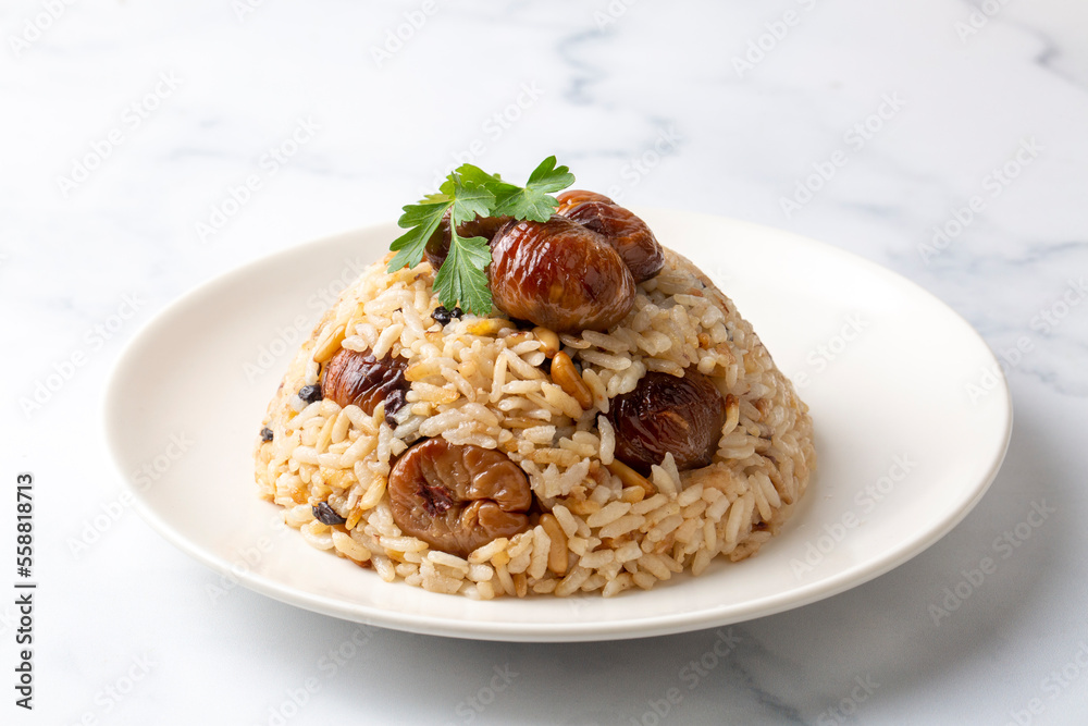 Traditional delicious Turkish food; chestnut rice pilaf (Turkish name; kestaneli pilav)