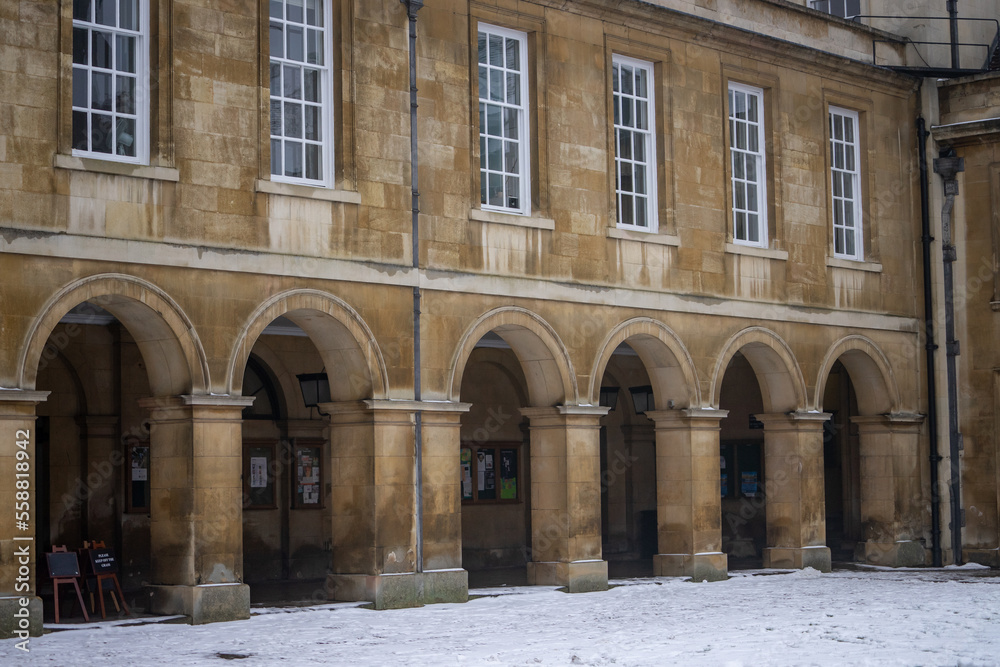 Emmanuel College , University of Cambridge Campus during winter snow at Cambridge , United Kingdom : 3 March 2018