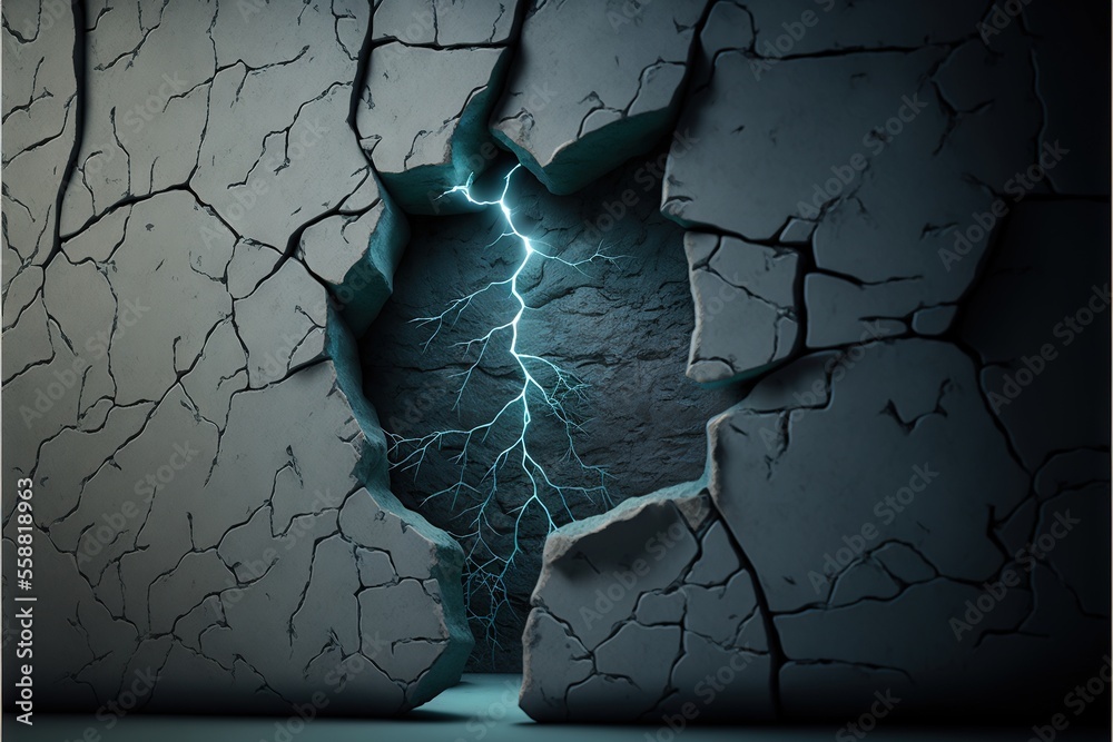 a cracked wall with a lightning bolt coming out of it and a crack in